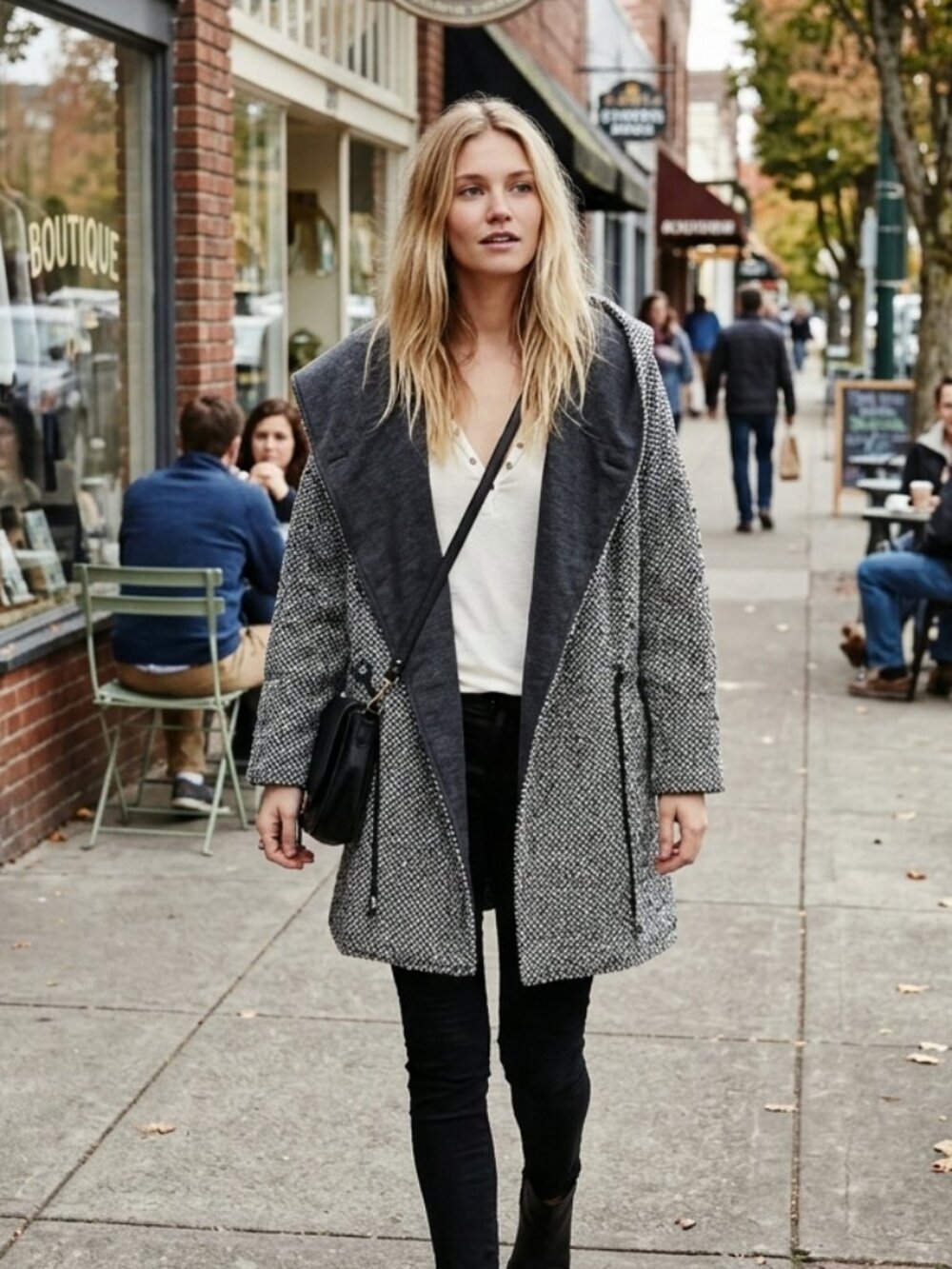 Free People Wool Bend Jacket Hooded Gray Black Tweed Oversized Coat Size Small